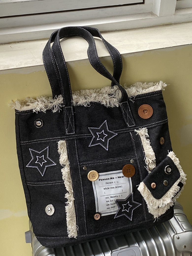 Bolso tote de mezclilla con flecos y estrellas estilo vintage americano