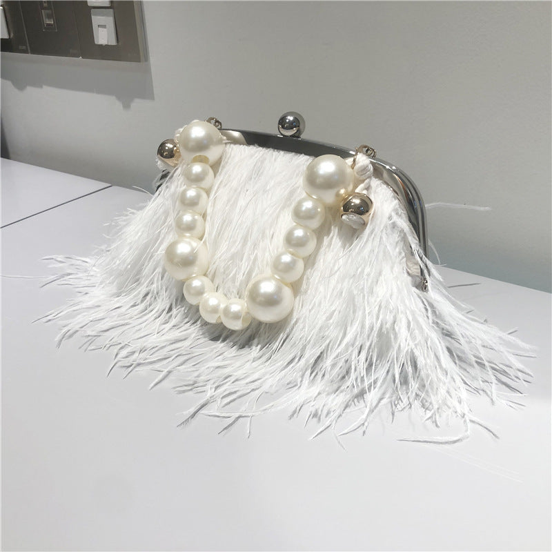 Turkey Feather Pearl Chain Messenger Shoulder Bag Women's Ostrich