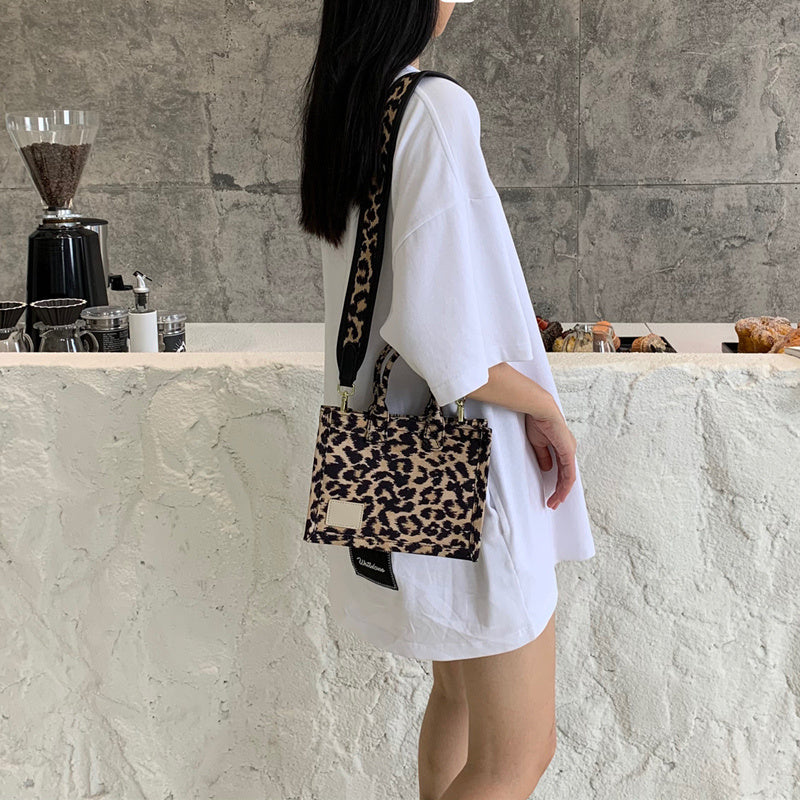 Leopard Print Tote Bag Canvas Wide Shoulder Strap Handy Shoulder Bag