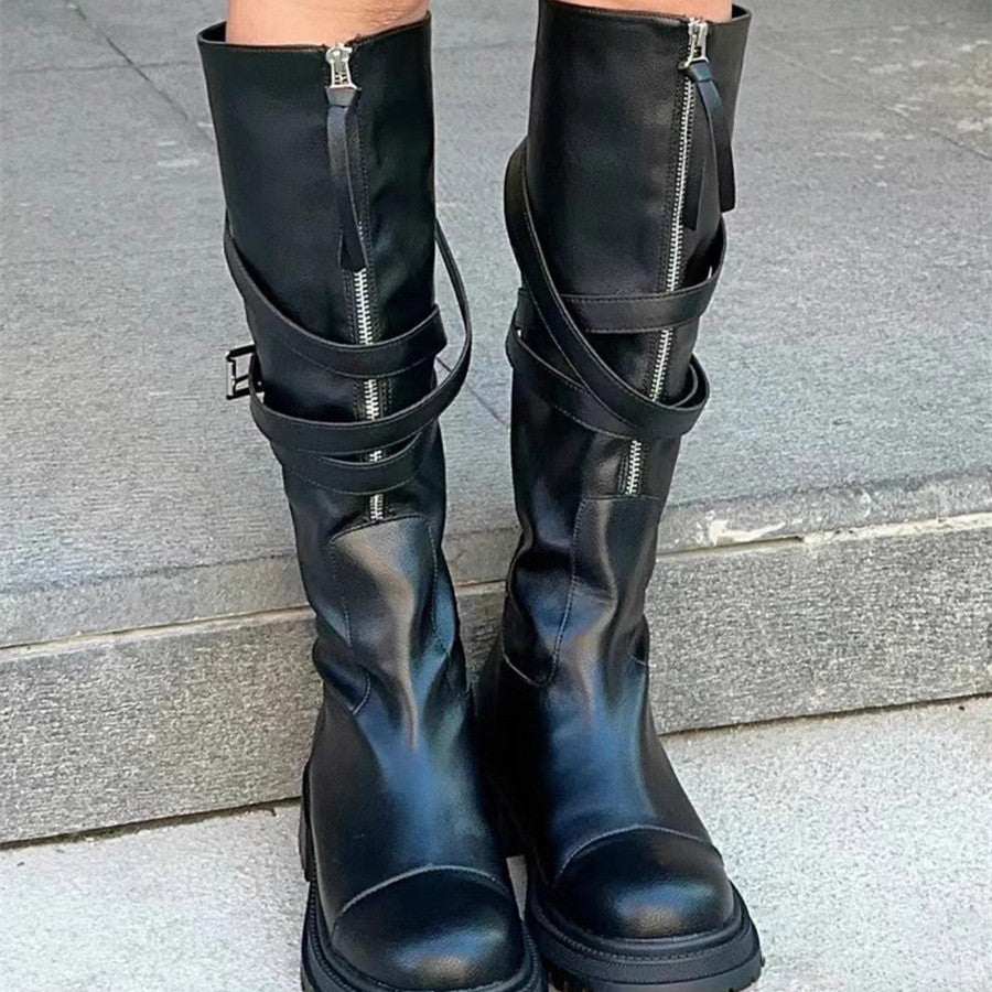 Bottes à plateforme à boucle de ceinture sous le genou pour femmes, tendance et polyvalentes