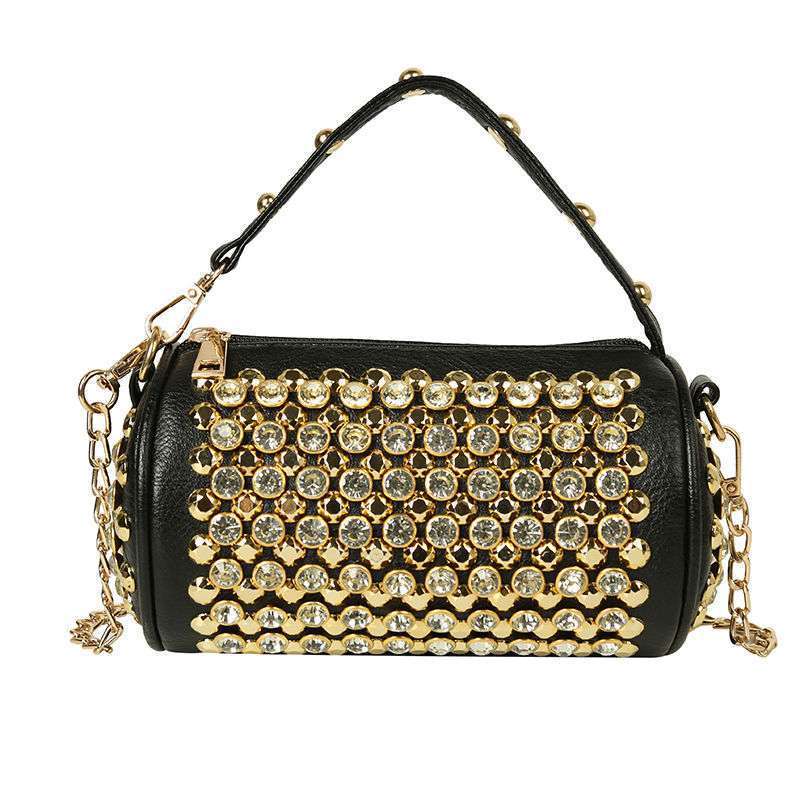 Bolsos de mano estilo western con forma de cilindro pequeño y incrustaciones de diamantes para mujer