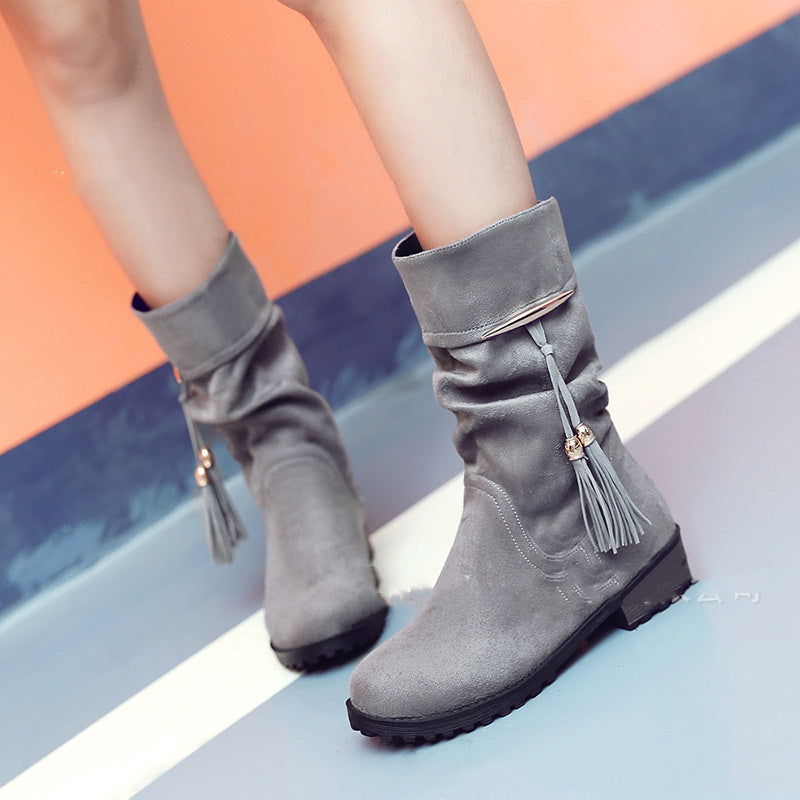 Low Heel Round Toe Bowknot Tassel Sleeve Female Boots