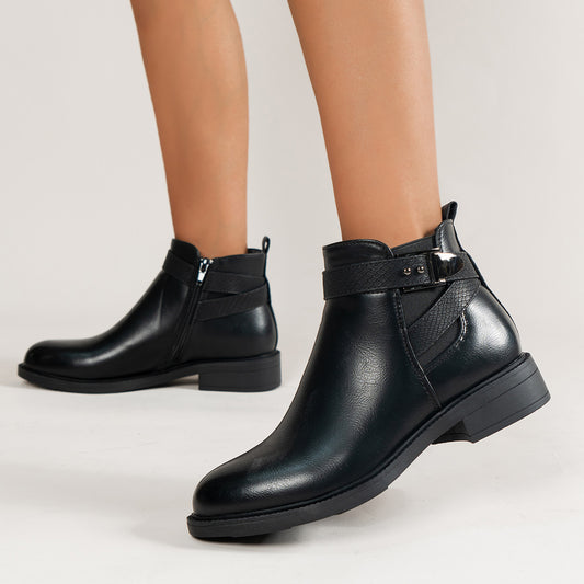 Botas Chelsea para mujer, botines negros, zapatos con hebilla y cremallera lateral