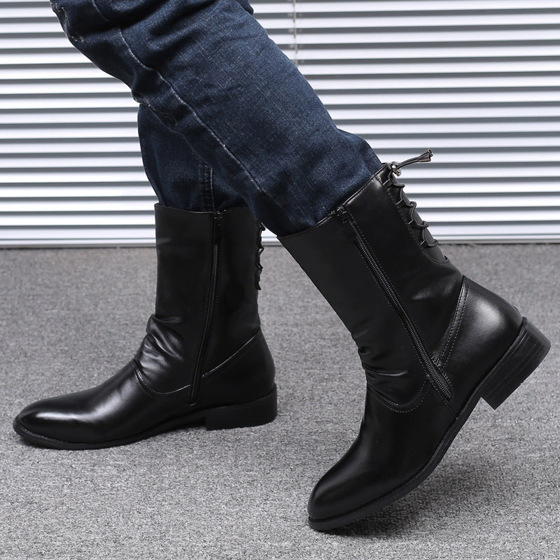 Pointed Leather Boots Men's British Korean High-top Leather Shoes Mid-calf Length