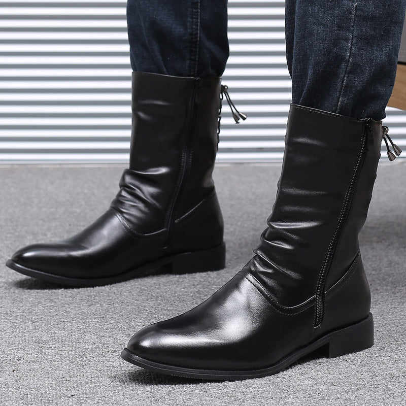 Pointed Leather Boots Men's British Korean High-top Leather Shoes Mid-calf Length