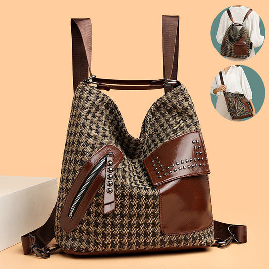 Sac à dos pied-de-poule pour femmes, design à rivets tendance, sacs à bandoulière léopard