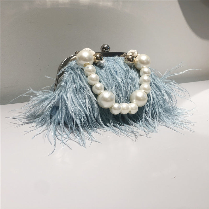 Sac à bandoulière en plumes de dinde et perles pour femme avec chaîne en autruche