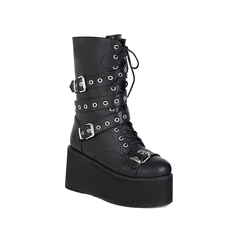 Women's British-style Platform Black Rivet Boots