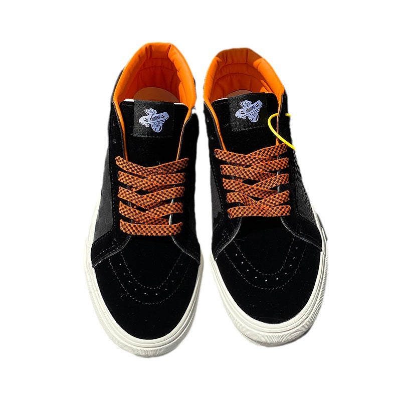 Chaussures mi-hautes en toile à carreaux noirs et oranges pour hommes de style universitaire