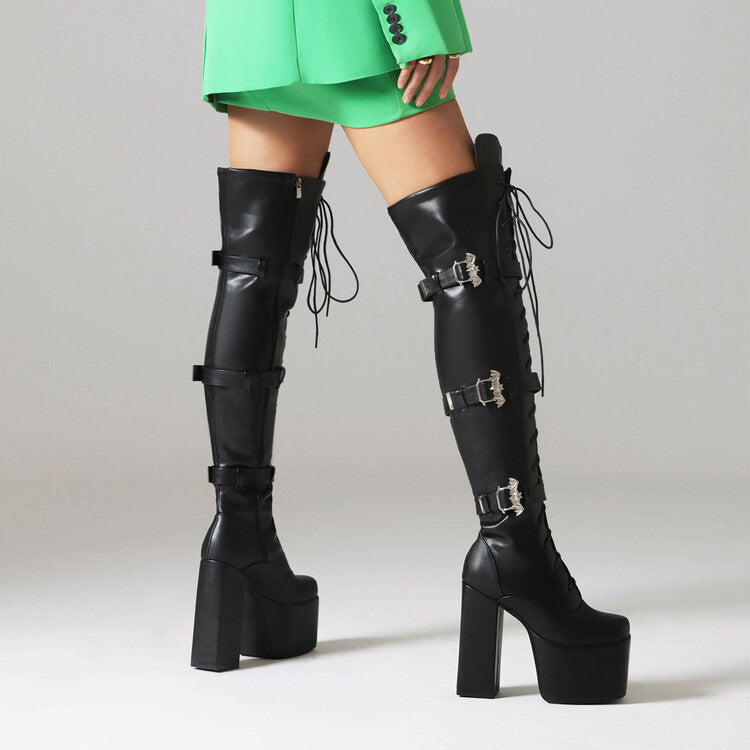 Night Club Lace-up Belt Buckle Over The Knee Boots