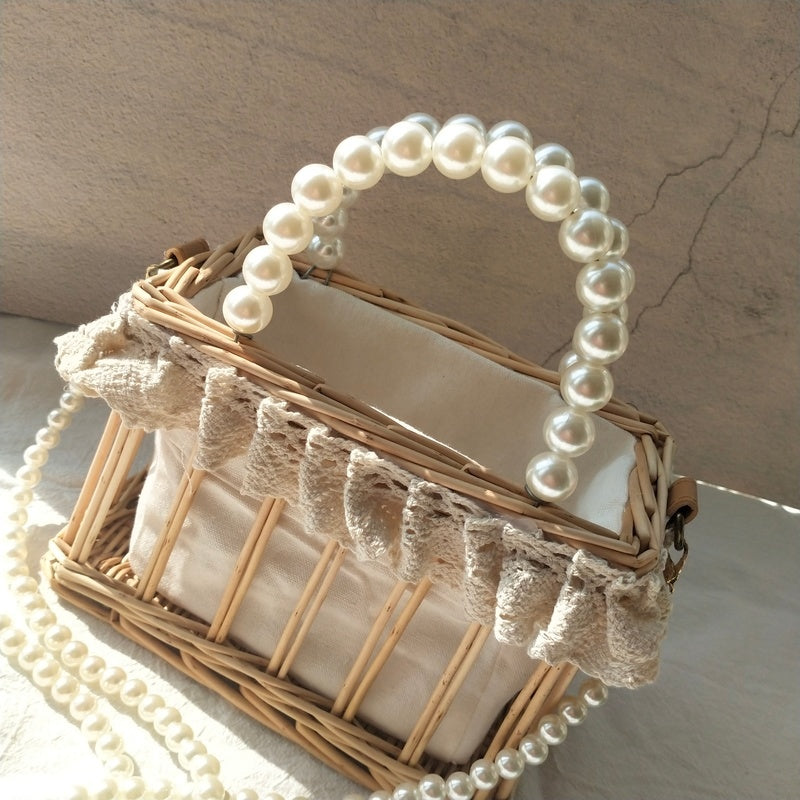 Handbag Chain Homemade Bag Pearl Woven Rattan Square Bag Straw Woven