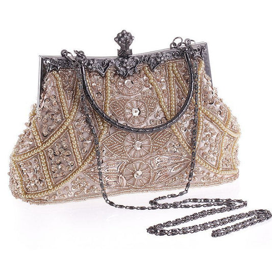 Robe de soirée brodée à la main avec perles pour femme, sac à main brodé