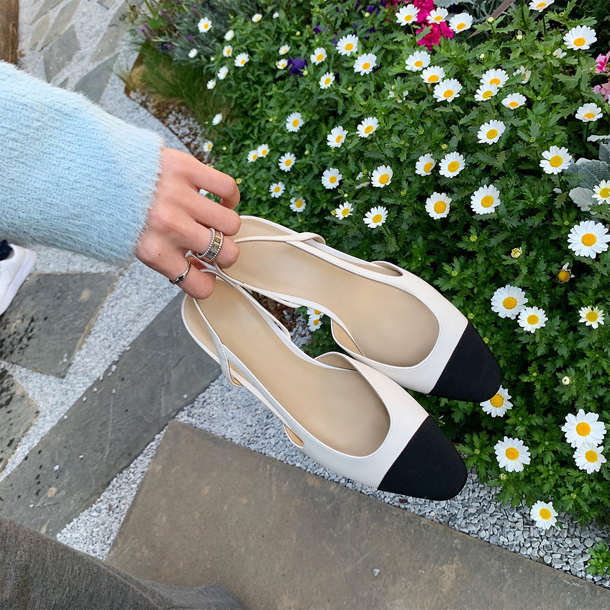 Zapatos de tacón bajo con cabeza redonda pequeña y diseño de hada francesa con forma de viento