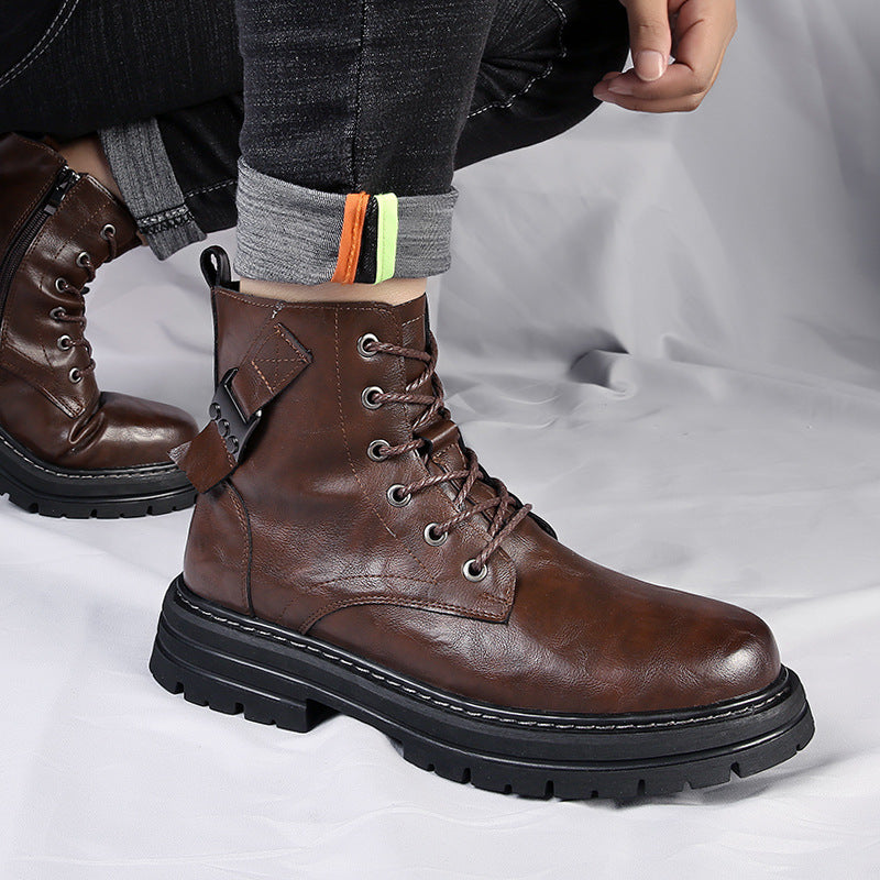 Botas casuales de piel de vaca para hombre, de otoño e invierno, con suela gruesa y punta redonda, cálidas