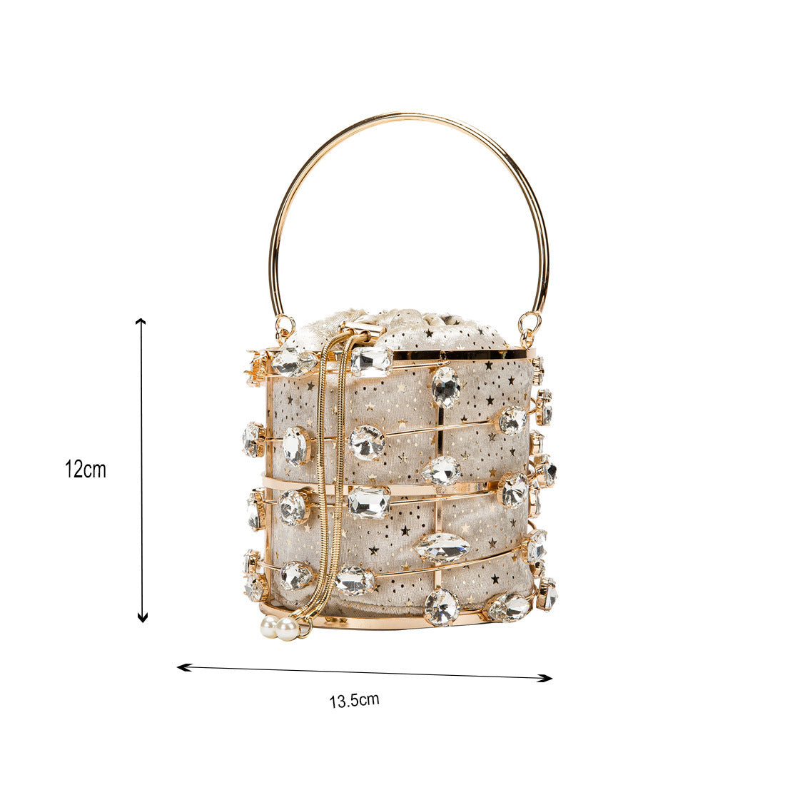 Sac à main en métal creux avec diamants et bracelet en velours et perles