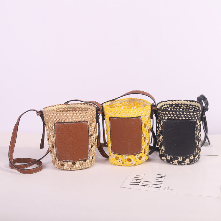 New French Women's Rhombus Bucket Straw Woven Shoulder Bag