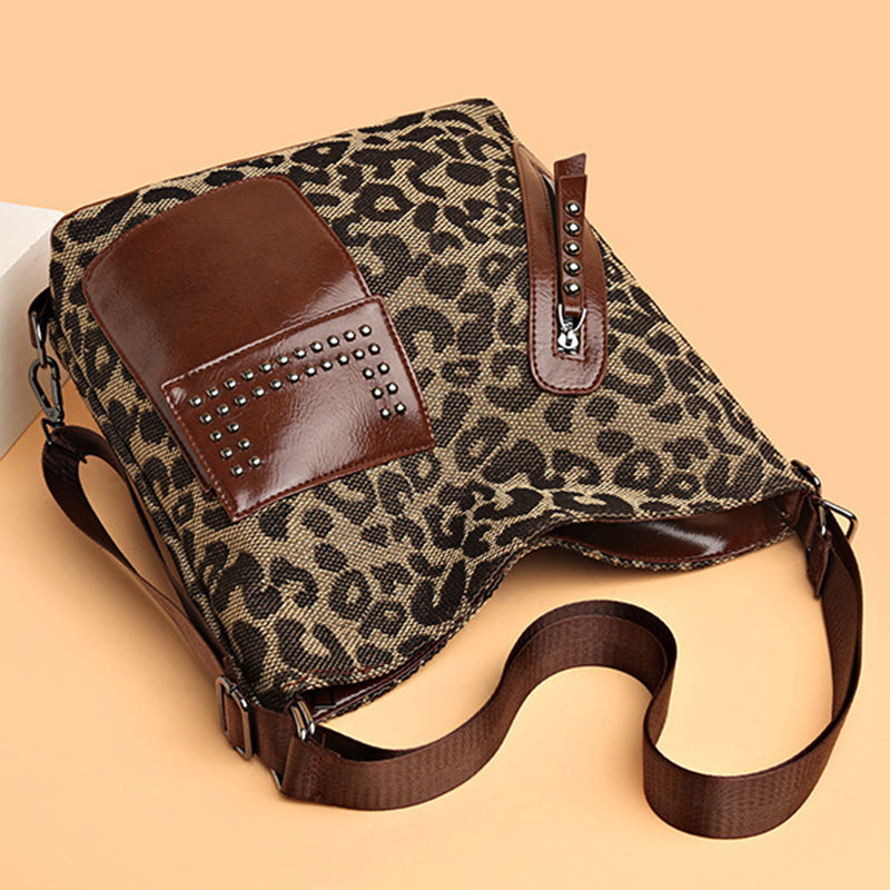 Mochila de pata de gallo para mujer, diseño de remaches a la moda, bolsos de hombro de leopardo