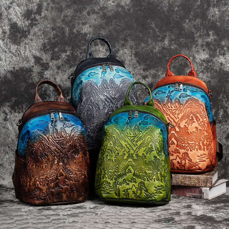 Mochila de piel de vacuno curtida vegetal con relieve vintage