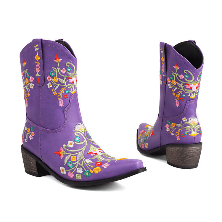 Botas de caballero estilo retro étnico con tacón grueso y cabeza cuadrada, bordadas y de colores a juego