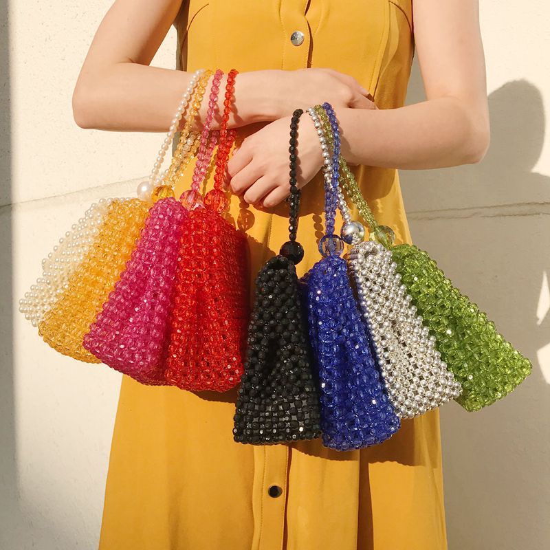 Bolso bandolera pequeño tejido en red rojo retro hecho a mano con cuentas