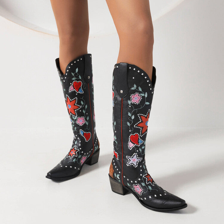 Denim Pointed Toe Chunky Heel Embroidered Rivets Boots