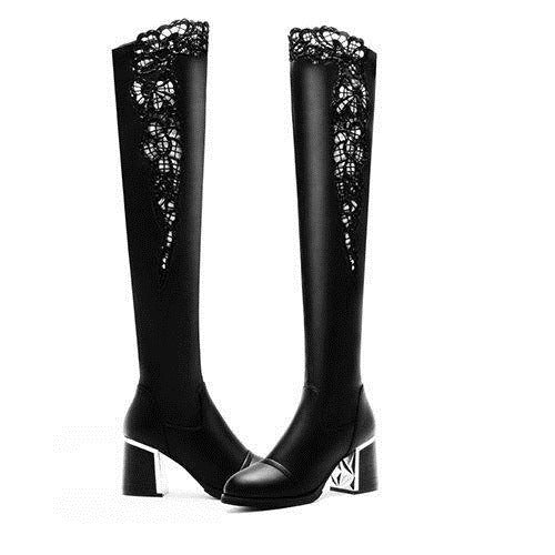 Women's Chunky Heel High Boots Fleece-lined Lace