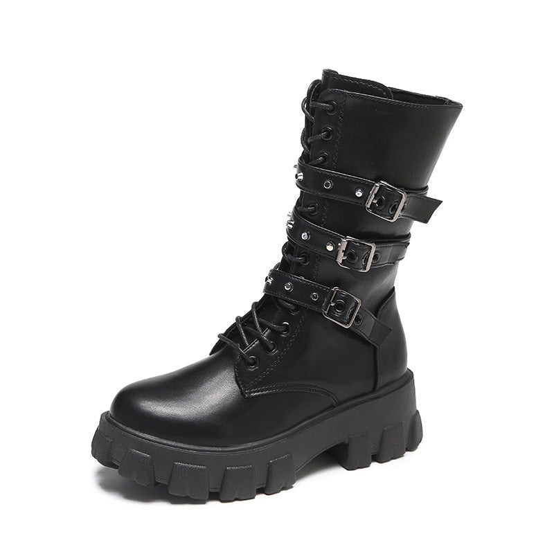 Bottes mi-hautes Punk à lacets et fermeture éclair latérale pour femme