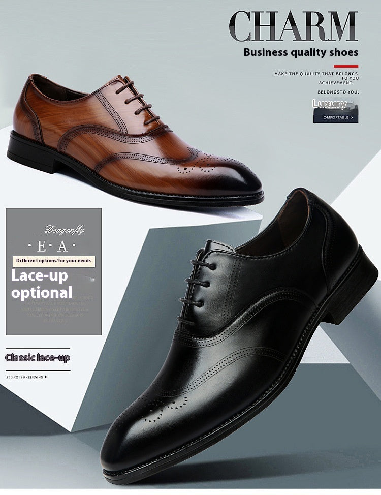 Chaussures en cuir formelles pour hommes britanniques Brogue à bout pointu et lacets