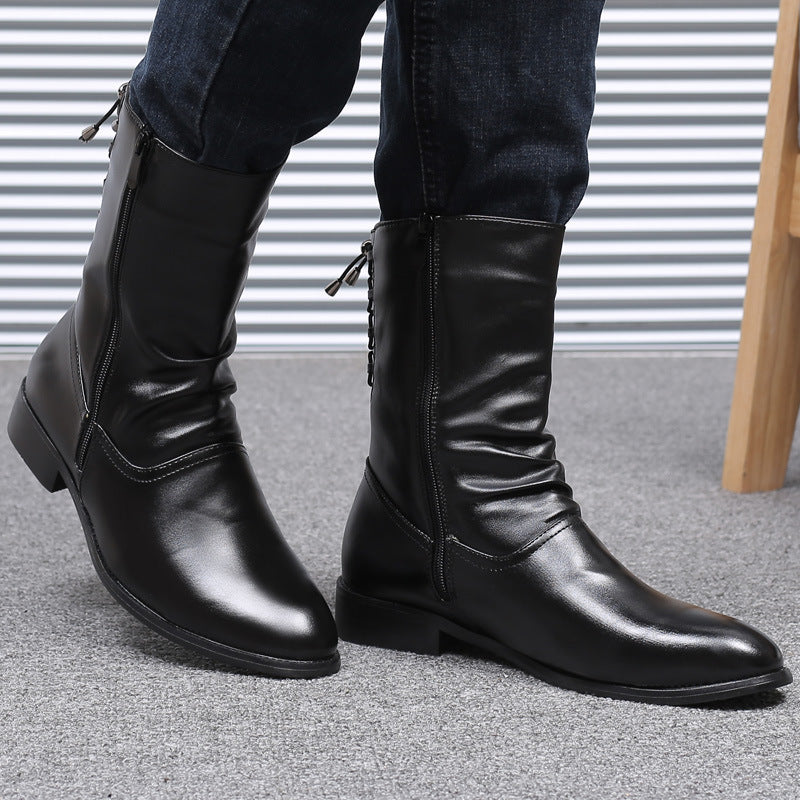 Pointed Leather Boots Men's British Korean High-top Leather Shoes Mid-calf Length