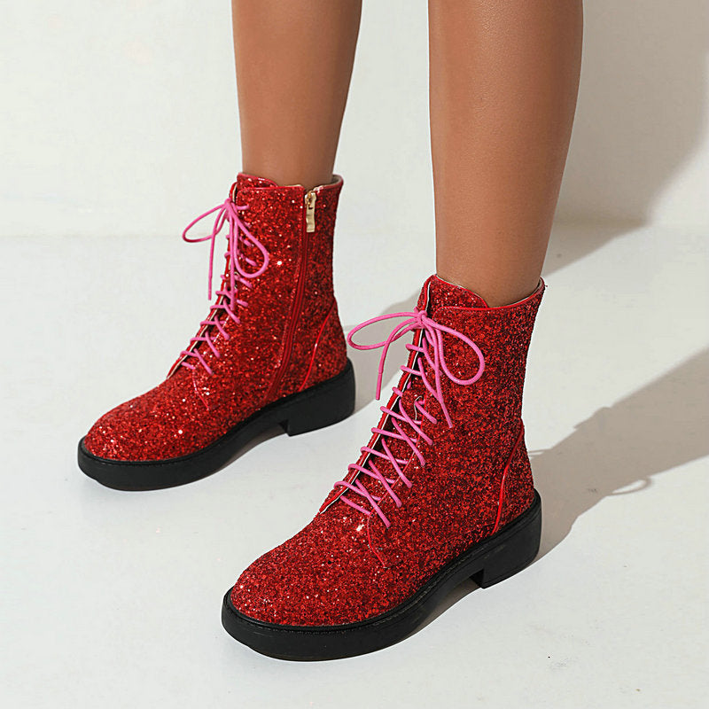 Autumn And Winter New Martin Boots Sequined Round Toe Low Heel Thick Heel Front Lace-up Women's Ankle Boots