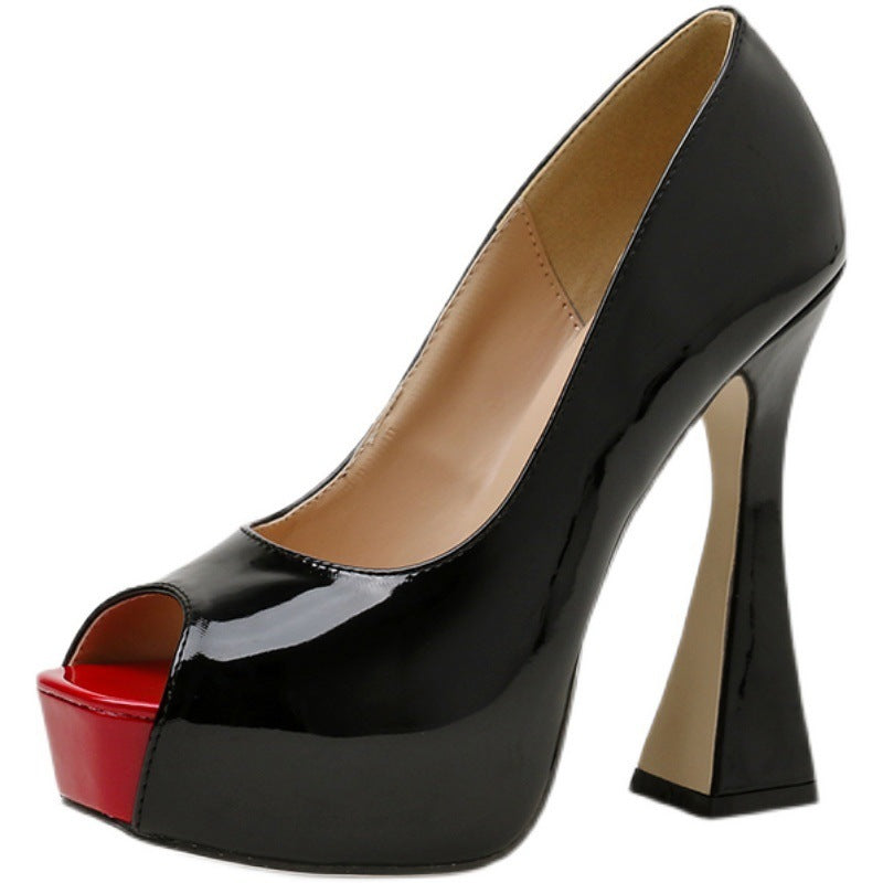 Fish-mouth Lacquered Thick Heel Shoes