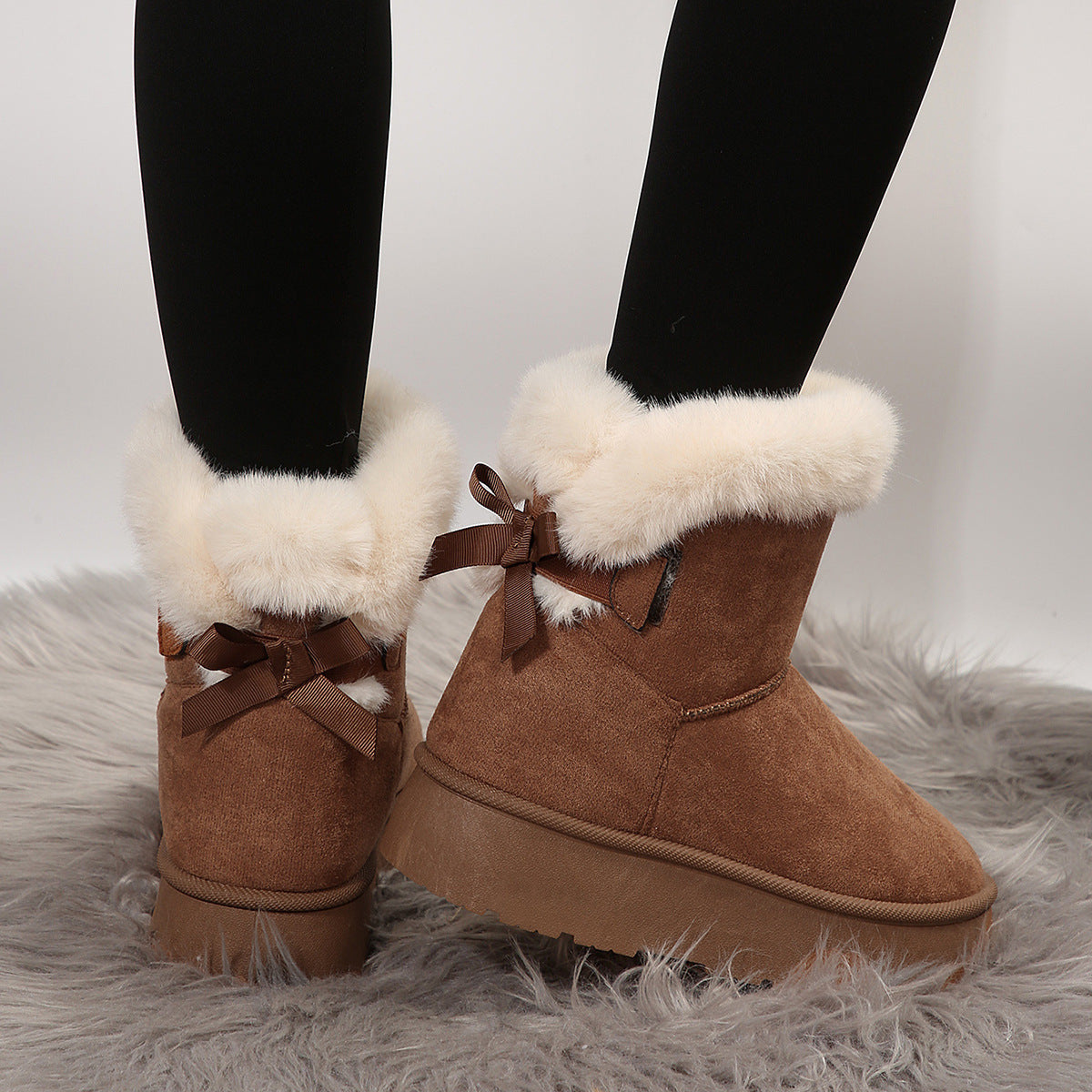 Nouvelles bottes de neige à nœud papillon hiver plus velours chaud bottines à semelles épaisses pour femmes simples chaussures de loisirs quotidiennes en coton