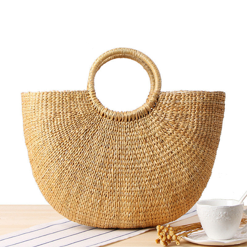 Hand-carried Straw Woven Bag Colorful Tassel Yarn Ball Beach Bag