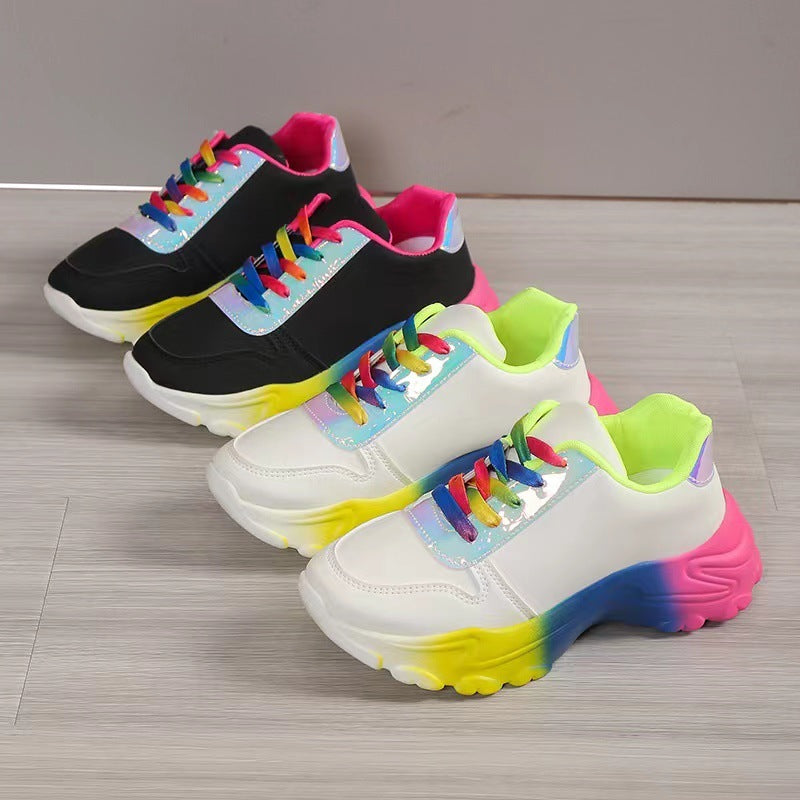 Chaussures de sport de couleur arc-en-ciel de style INS pour femmes, baskets à lacets à semelle épaisse, chaussures de course légères et décontractées à la mode