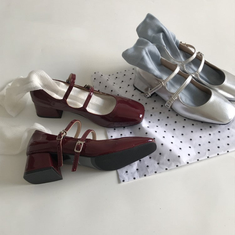 French Retro Square Head Silver Mary Jane Shoes