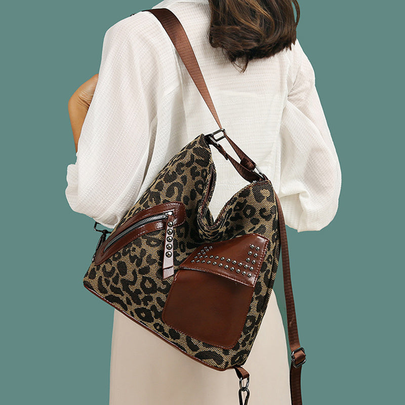 Mochila de pata de gallo para mujer, diseño de remaches a la moda, bolsos de hombro de leopardo