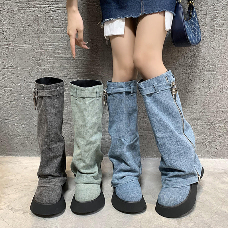 Women's French-style Platform Denim Boots