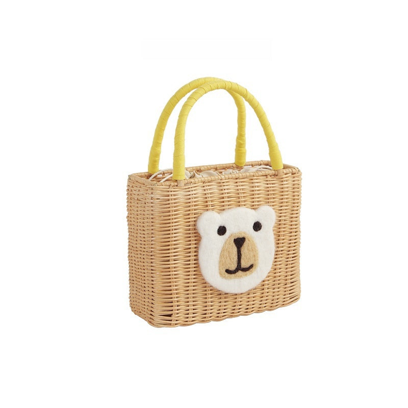 Bolsa de paja informal hecha a mano con forma de oso, portátil, para fiestas de verano, reuniones y picnic