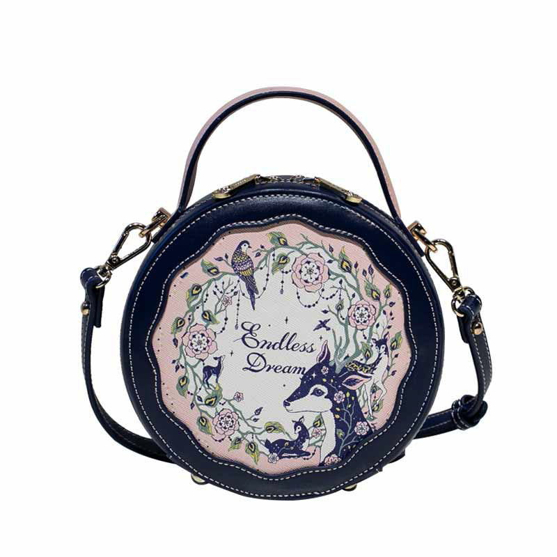 New Contrasting Color Fawn Printed Flower Small Round Bag