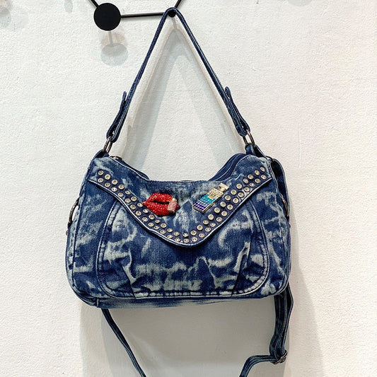 Denim Studded Tote Shoulder Crossbody Bag With Drill