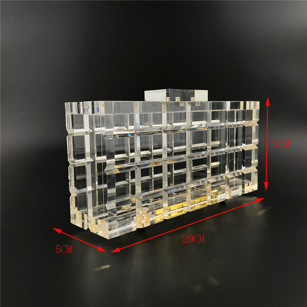 Bolso de noche de acrílico transparente con cristales extra gruesos y caja para sujetarlo en la mano