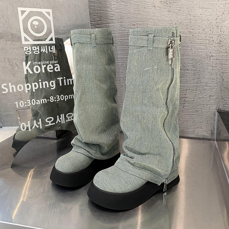 Bottes en denim à plateforme de style français pour femmes