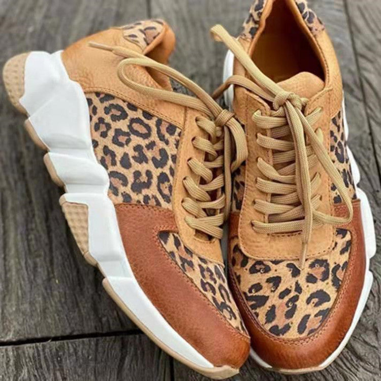 Large Size New Thick-soled Low-top Casual Shoes Round Toe Color-blocking Leopard Print Sneakers