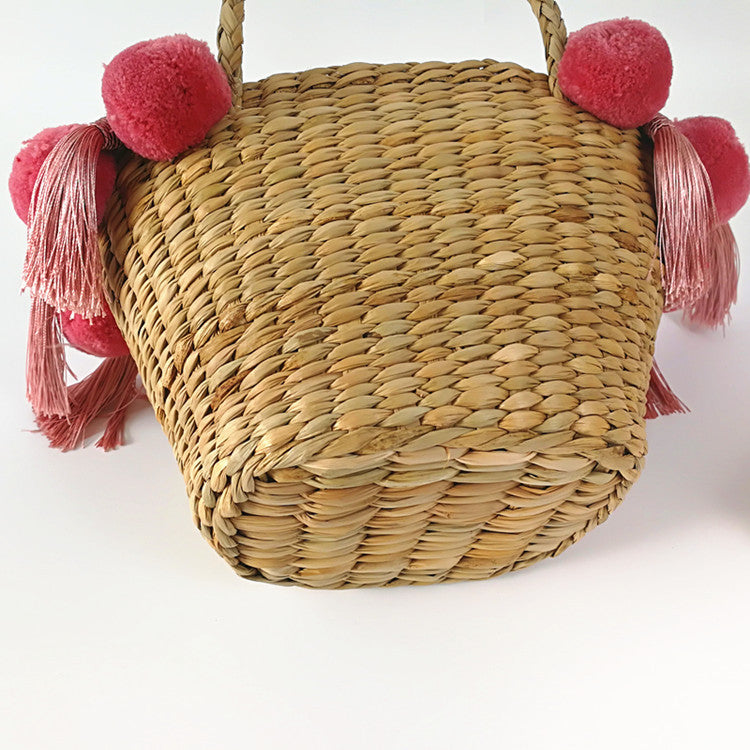 Bolso de paja bordado DIY con bolas de pelo y alfabeto nuevo para mujer