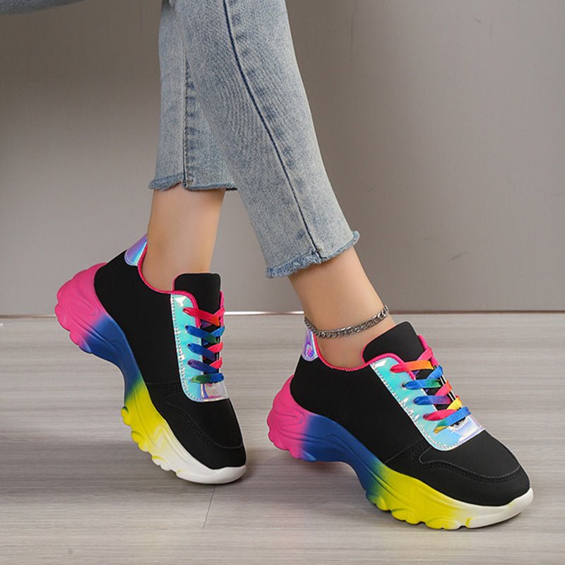 Chaussures de sport de couleur arc-en-ciel de style INS pour femmes, baskets à lacets à semelle épaisse, chaussures de course légères et décontractées à la mode