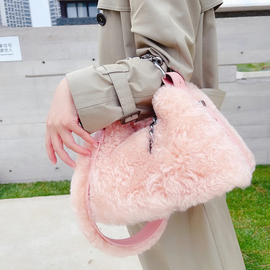 Bolso bandolera con cadena de felpa y diseño de nicho para mujer