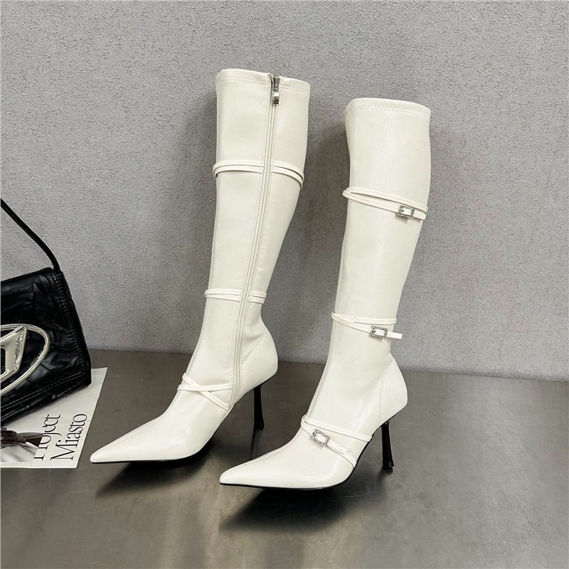 Personalized Pointed Toe Belt Buckle Slimming High Stiletto Heel Boots