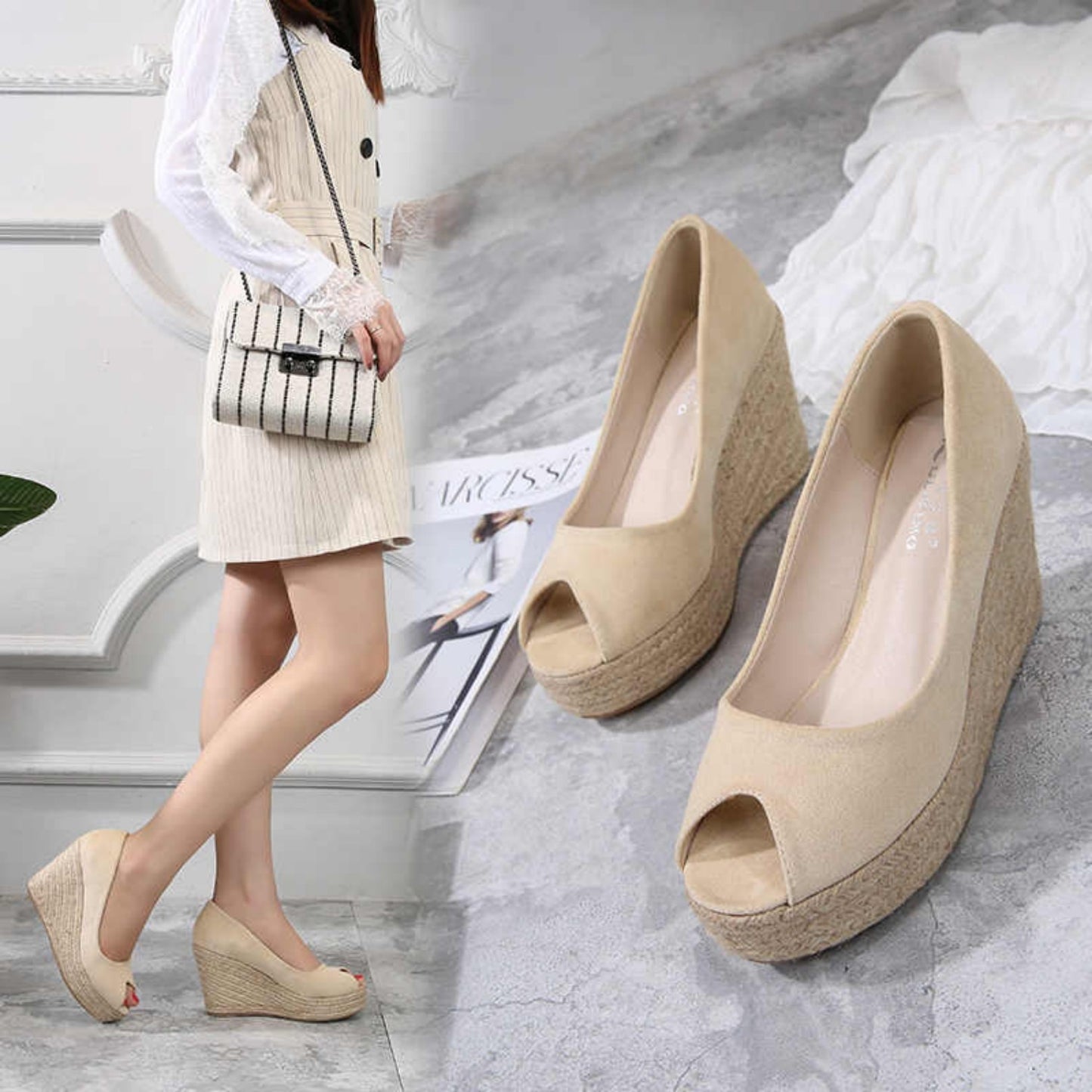 Korean Spring And Autumn Slope Heel Fish Mouth Shoes