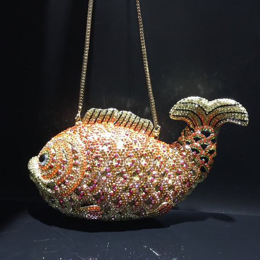 Pochette en strass faite à la main avec motif poisson rouge pour femme