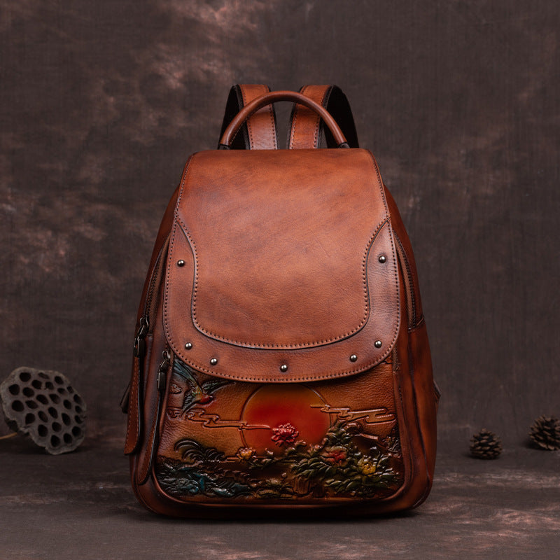 The First Layer Cowhide Retro Embossed And Polished Color Personalized Ladies Backpack